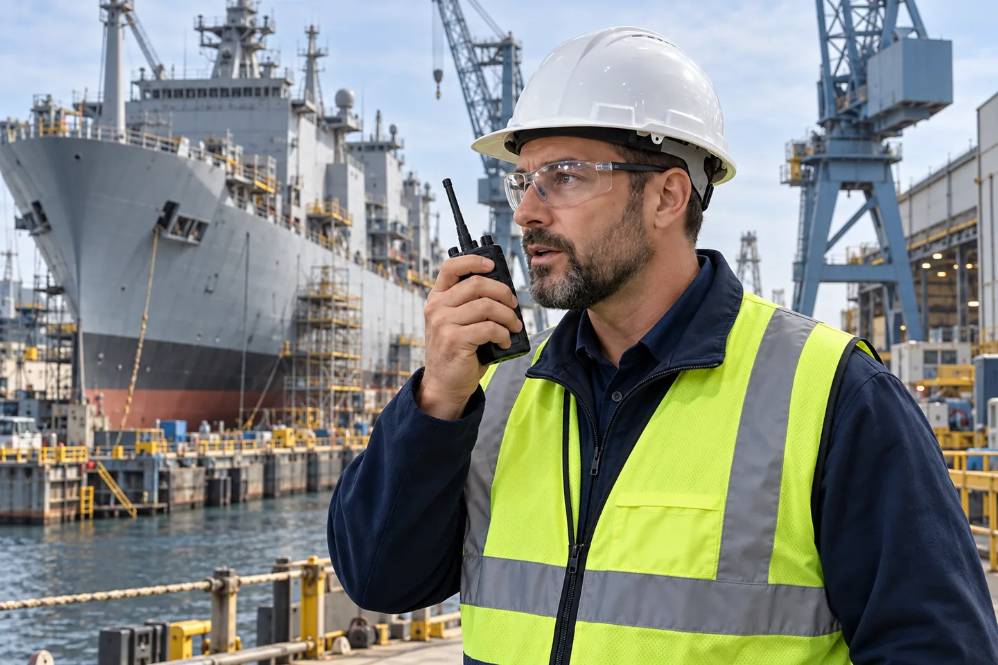 Illustrative shipyard scene with a supervisor using a radio