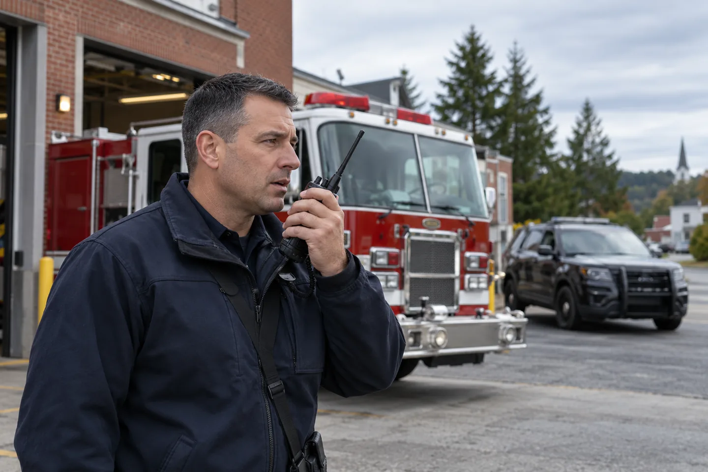 Illustrative public safety scene with a radio user, fire engine, and police vehicle